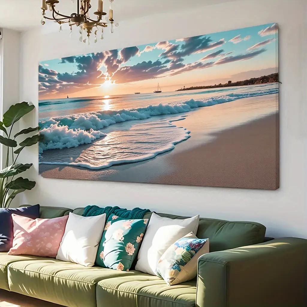 Large Mediterranean Pine Wood-Framed Canvas Wall Art Print - Coastal Sunset Beach Landscape with Blue Waves, Artistic Decoration, Ready-to-Hang for Living Room, Bedroom, Holiday Gift for Beach Lovers, Victorian Indoor Canvas, Wall Art Painting, Decorative