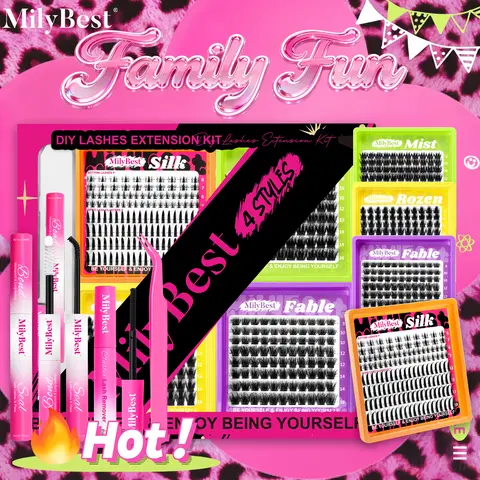 MilyBest 4-Style Mini Boxes DIY Lash Cluster Kit - 0.07mm D Curl Manga, Dramatic, Fluffy, Volume, Spikes, Bottom Natural Lashes, Waterproof, Soft, Comfortable, W/ Tweezers, Glue, Remover, for Beginners & Pros,familyfun