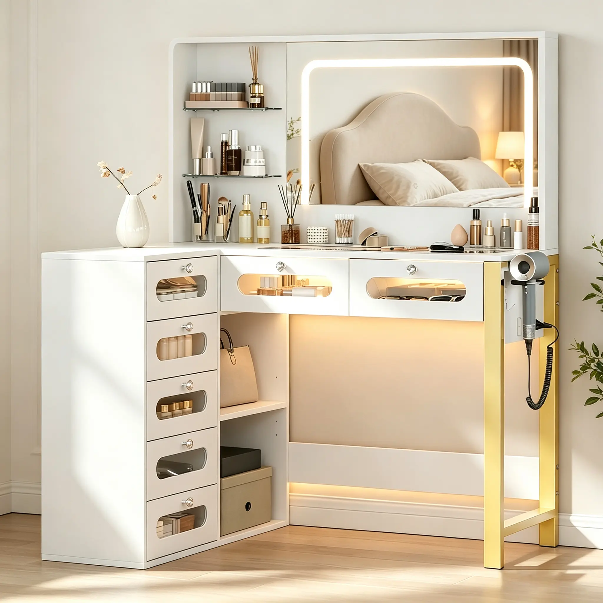 “Makeup Vanity Desk with 43.3" Mirror and Lights, Vanity Desk with 7 Drawers, Makeup vanity table with a glass tabletop, 3 Color Modes & Adjustable Brightness Dressing Table, Bedroom corner large storage led-lit