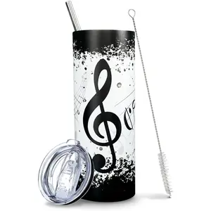 20 Oz Round Lead-Free PA Letter Print Skinny Music Note Insulated Tumbler with Straw - Portable Vacuum Flask, Birthday & Teacher Appreciation Gift, Kitchenware Drinkware for Piano Band Travel