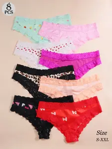 8-Pack Women's Lace Triangle Fitted Knicker Panties, Sexy Solid Color Design, Fitted & Comfortable All-Season Underwear, Ideal for Casual Wear, Sheer Lace Panty