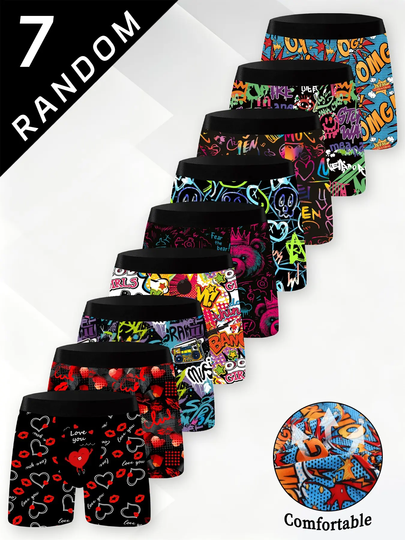 Men's Random 7-Pack Long Boxer Briefs, Fun Heart & Street Graffiti, Breathable Comfort Quick-Dry Elastic Underwear, Casual Fashion Swim Trunks, Casual Style Underwear