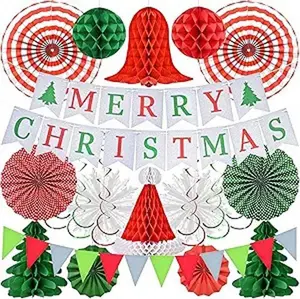 Christmas Party Decorations Supplies Set, Reusable Christmas Decor Kit Indoor - Merry Christmas Sign Banner for Home, Christmas Pennant Banner, Xmas Hanging Paper Tissue Fan Tree Garland