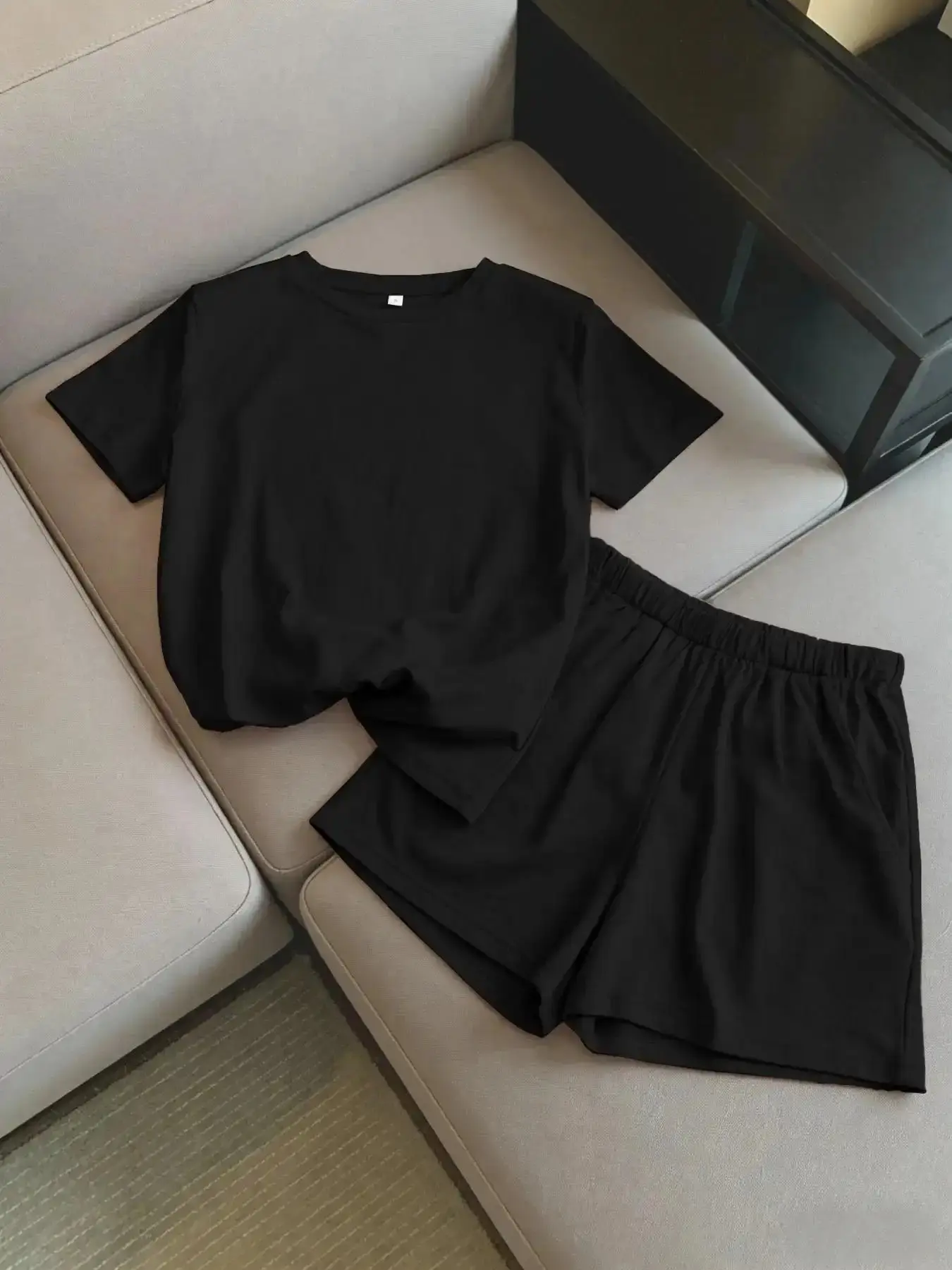 Women's Solid Co-ord Set, Casual Short Sleeve Tee & Elastic Waist Shorts Summer Clothes for Daily Wear, Cute Outfit, Tops, Aesthetic wardrobe staple statement piece oversized fall winter