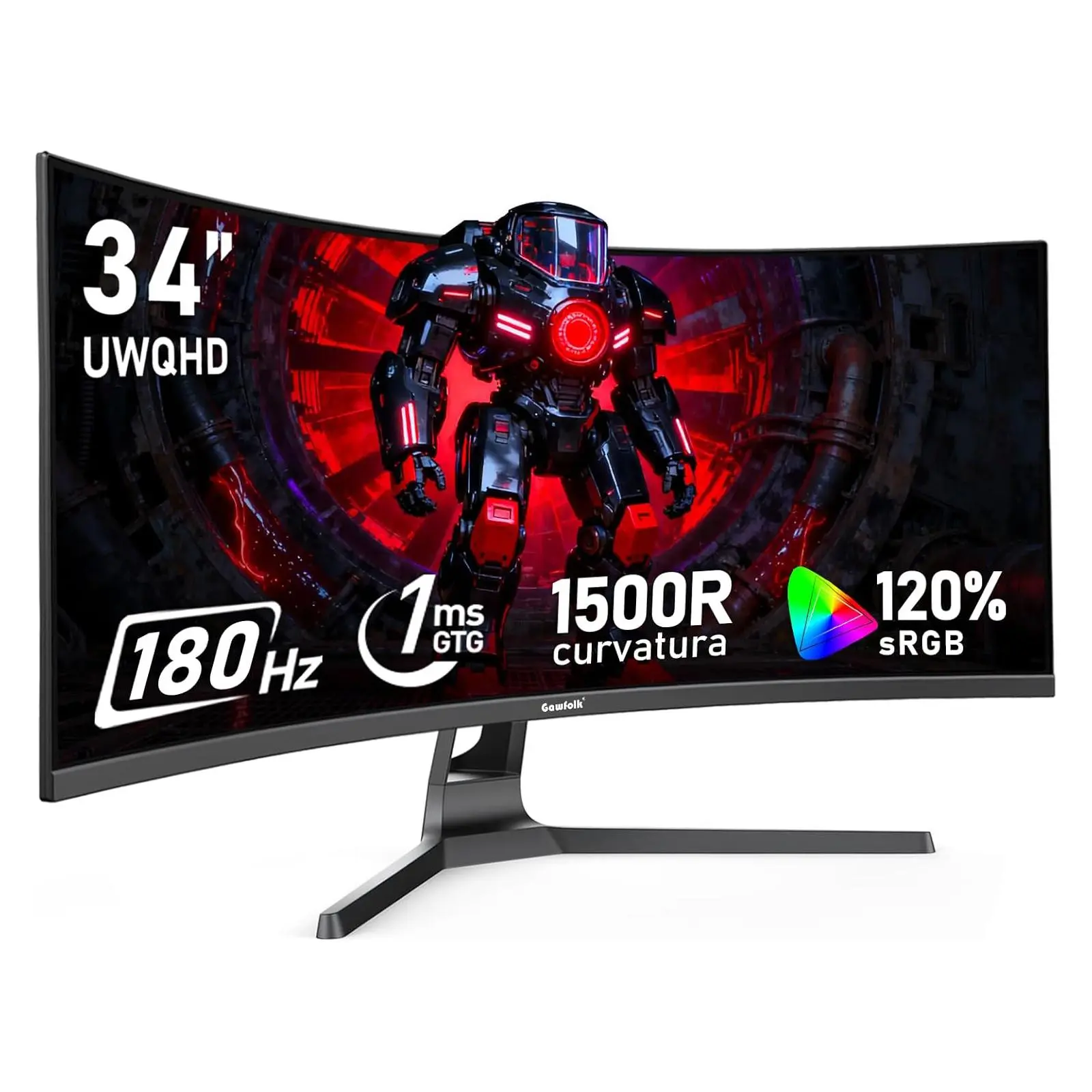 Gawfolk 34" 1500R Curved Ultrawide Gaming Monitor, UWQHD 3440×1440 180Hz, 1ms GTG, 120% sRGB, PIP/PBP, HDMI DP, Tilt Adjustable 21:9 PC Display