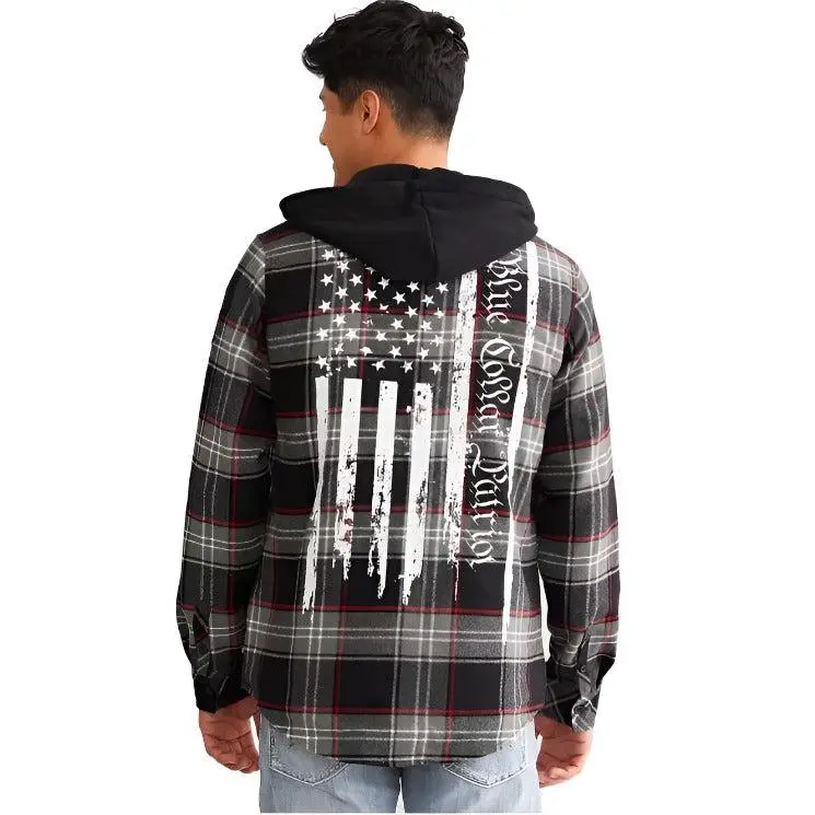 Howitzer Men's Plaid Flannel Shacket, Fleece Lined Button-Down Shirt Jacket with Removable Hood and Graphic Details, Fabric, Casual, Tops, Original, Veterans, All Seasons