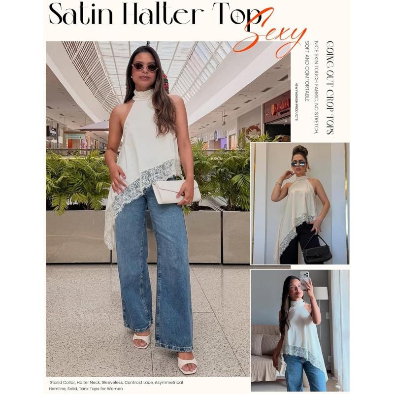 Yimoon Halter Tops for Women Y2k Mock Neck Sleeveless Top Lace Asymmetrical Hem Going Out Tank Tops