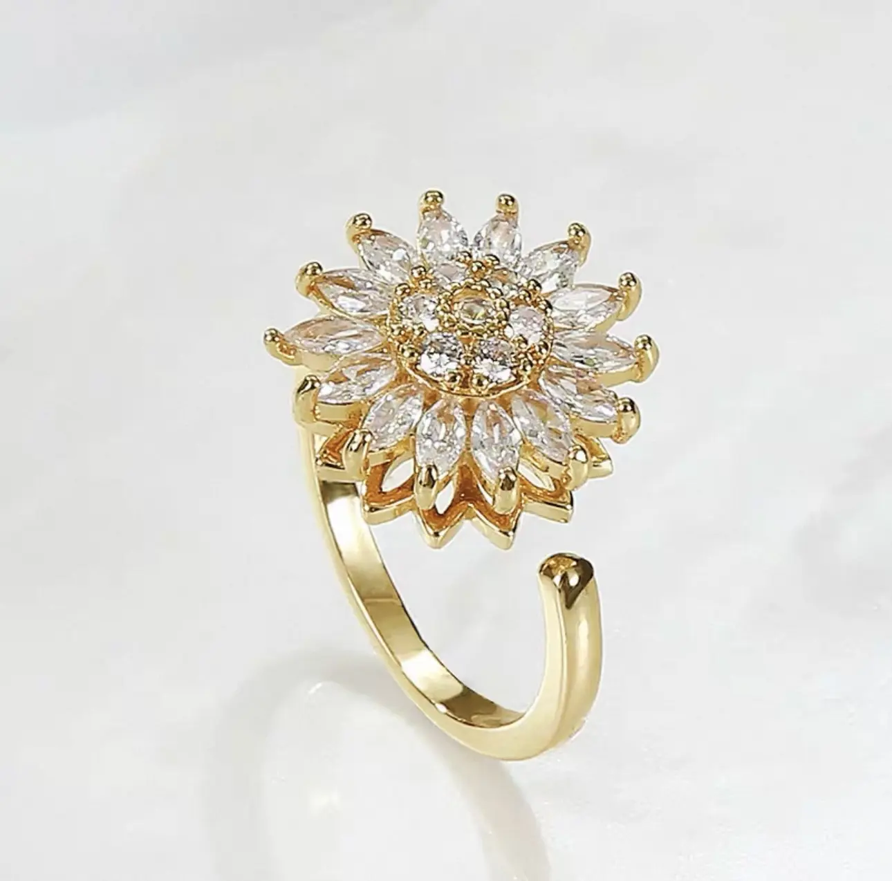 Gold Tone Sunflower Fidget Ring for Women with Crystal Spinner, Adjustable Band for Anxiety Relief, Meaningful Mindfulness Gift, Fidget Rings, Meaningful Gifts, Adults, Gold Flower Rings