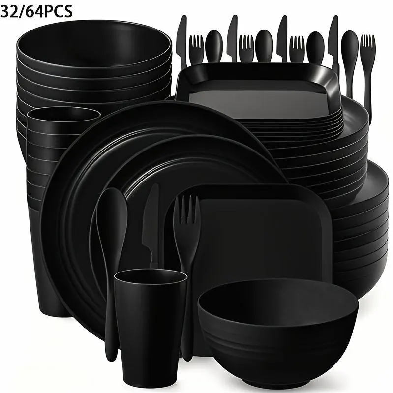 32/64pcs Wheat Straw Cutlery Set Bulk Plates Lightweight Dishes Cups Cutlery Dishwasher Microwave Safe For Camping Picnic