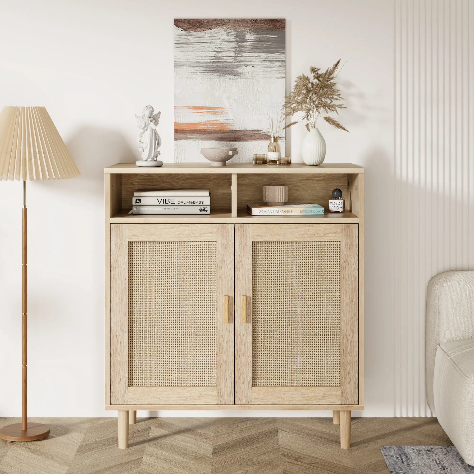 OUTGOODS Shabby Chic Natural Rattan & Wood Sideboard Cabinet - CARB-Certified Rattan+MDF Frame, Single Unit, 2 Doors, Adjustable Shelf, Solid Legs, Anti-Tip Anchoring System, Space-Saving Indoor Cupboard for Small Rooms, Kitchen Pantry Organization