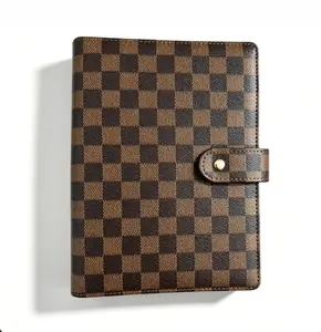 A5 Brown Checkered PU Leather 6 Ring Binder Planner, Refillable Loose Leaf Journal Notebook, Luxury Snap Closure Budget Binder Organizer with Card Slots for Journaling, School, Office, Daily Planning, Aesthetic Stationery Gift