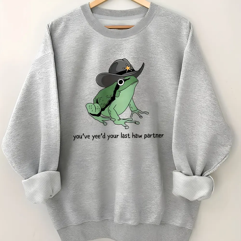 Women's Frog Print Sweatshirt, Cute Frog Graphic Crewneck Pullover, Casual Long Sleeve Frog Letter Sweatshirt, Trendy Aesthetic Frog Sweater