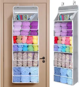 Hanging Yarn Storage Organizer with 5 Zipper Closure Compartments, Large Capacity Knitting Organizer Storage, over the Door Hanging Yarn Holder for Knitting Needles, Crochet Hooks (Light Grey)