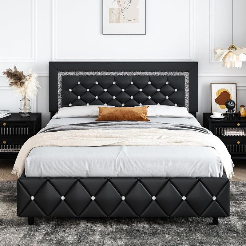 HOMBCK Diamond Bed Frame, No Mattress, Comfortable and Adjustable Headboard, Luxury Leather, Modern, Sturdy, No Box Spring Needed, Easy Assembly