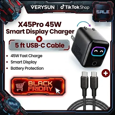 Verysun Smart Display Wall Charger 45W Fast Charging with 5ft USB-C to USB-C Cable, Switchable Charging Modes & Battery Protection, Device Detection, Real-Time Charging Display, Emoji Animation, Foldable Plug, for iPhone, iPad & MacBook, iPhone 18 Ready
