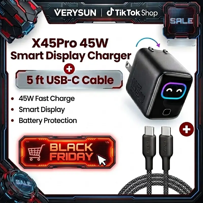 Verysun Smart Display Wall Charger 45W Fast Charging with 5ft USB-C to USB-C Cable, Switchable Charging Modes & Battery Protection, Device Detection, Real-Time Charging Display, Emoji Animation, Foldable Plug, for iPhone, iPad & MacBook, iPhone 18 Ready