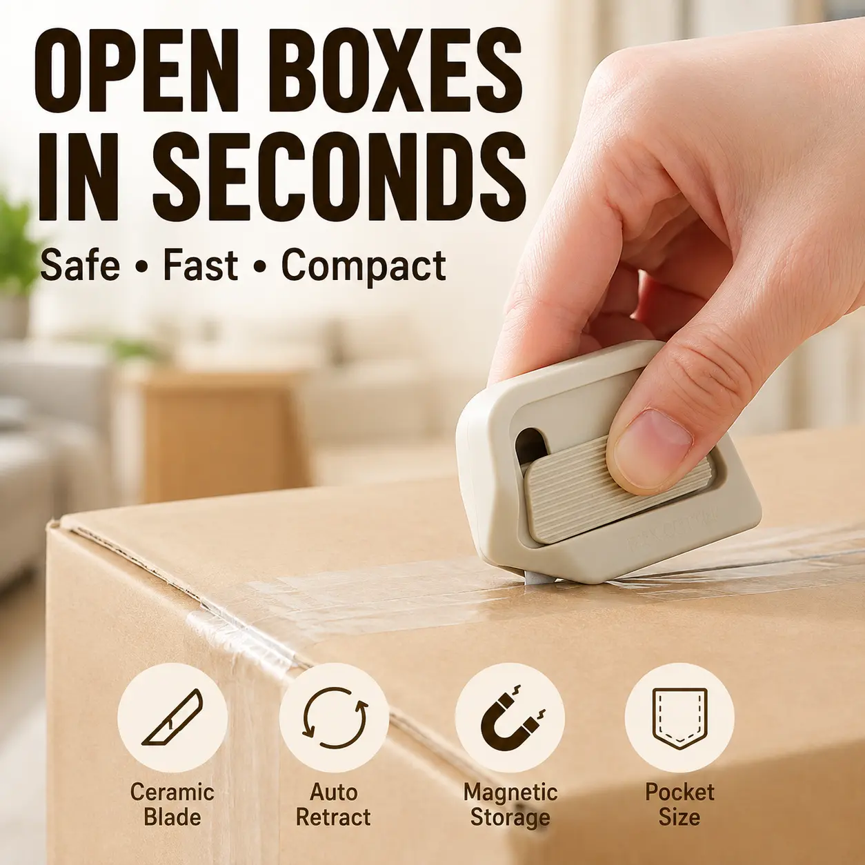 Auto-Retractable Box Cutter with Ceramic Blade, Compact Package Opener for Cardboard, Tape, Plastic Wrap & Boxes
