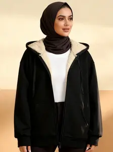 Women's Autumn Winter Velvet Casual Solid Color Hat Rope Drawstring Long Sleeve Zipper Medium Elastic Loose Jacket, Fashionable Outerwear for Women