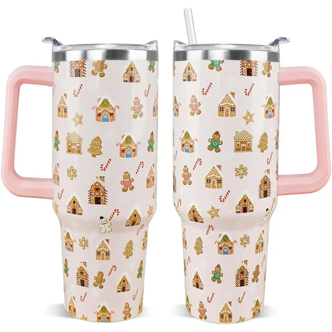 40 oz Double-Wall Stainless Steel Insulated Water Bottle Flask, Stylish Gingerbread Snowman Design, Leak-Proof Portable Reusable Cup with Straw, Winter Travel Coffee Mug, Holiday Gift for Mom & Pa (1PC)