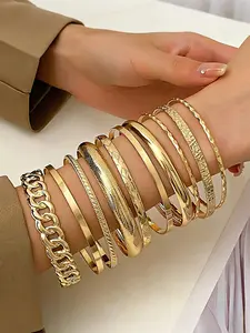 Ligui 10Pcs Luxury Gold Bangles Set, Punk Cuban Link Chain & Thick Metal Open Bracelets, Gothic Heavy Metal Wristband Jewelry Gift, Open Cuff Bangle