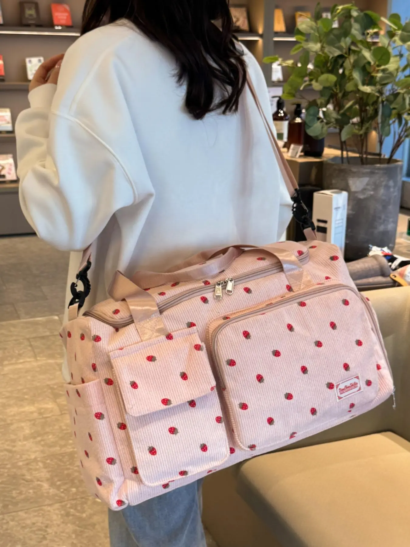 Cute Strawberry Pattern Travel Bag, Large Capacity Corduroy Casual Luggage Bag, Portable Travel Bag for Women & Girls, Travel Duffle Bag, Traveling Bag