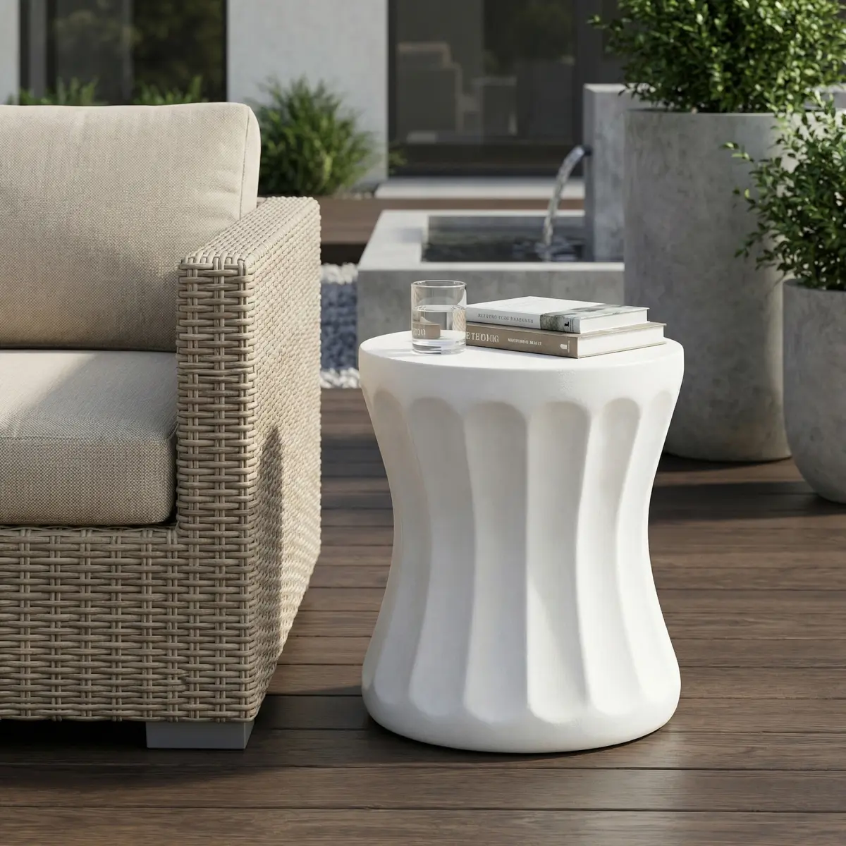 Antique White Cylindrical Concrete Outdoor Side Table - Durable Modern MGO End Table, Weather-Resistant, Fully Assembled, 15in W x 15in D x 18in H, 23.59lbs, for Home, Commercial Spaces