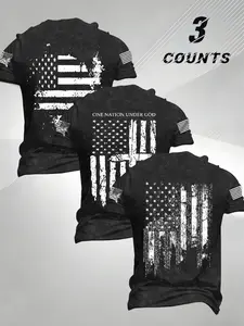 3-Pack Men's Vintage American Flag Print T-Shirts, Retro Loose-Fit Short Sleeve Tops, Patriotic Daily Wear, Usa Style Clothing