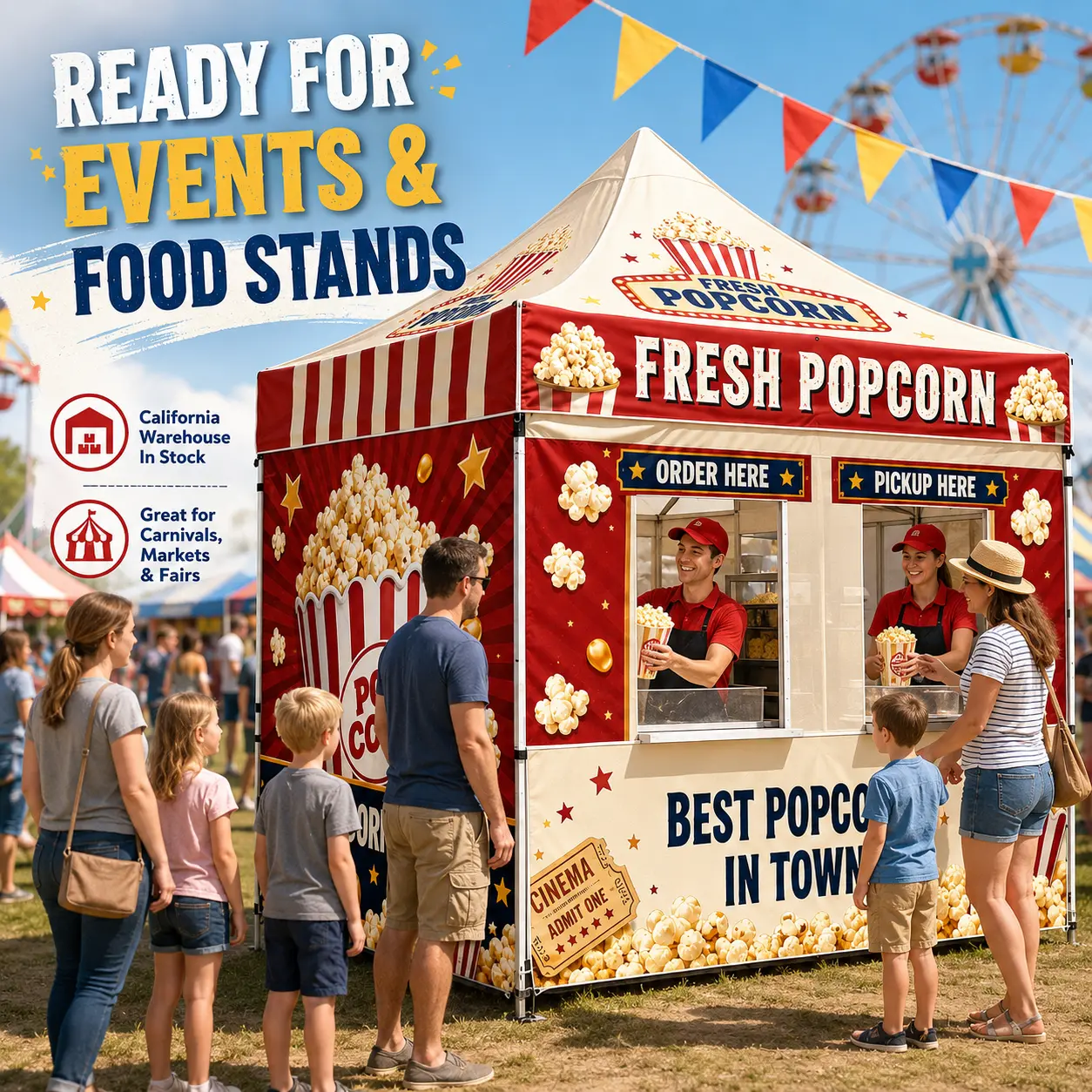 10x10 FT Popcorn Vendor Tent with Sidewalls, Waterproof UV Roof, 40mm Hex Aluminum Frame, 3 Adjustable Peak Heights for Fairs, Markets, Festival Food Use, Order/Pickup Windows