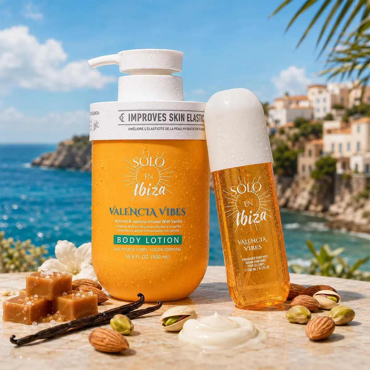 SOLO EN IBIZA Valencia Vibes Body Care Duo - Vanilla-Scented 2-Piece Set with Pistachio & Salted Caramel, Sweet Beach Vibe for Beach Party, Long-Lasting Fragrance Mist (180ml) & Hydrating Same-Scent Layering Lotion (500ml) / Body Wash (500ml), Body Care P
