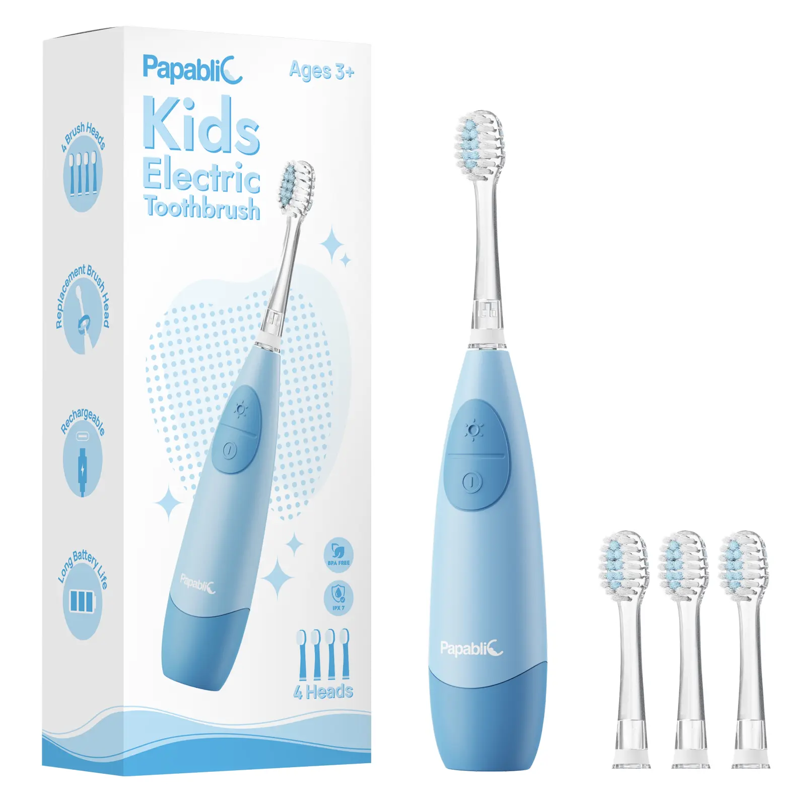 Papablic Kids Sonic Electric Toothbrush, Gentle Oral Care with Smart Timer & LED Light, USB Rechargeable with 4 Soft Replacement Heads, For Ages 4+, Blue, Beauty Products