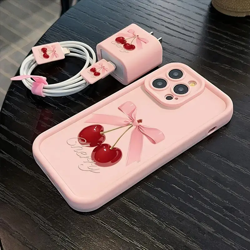 5pcs Set of High Bamboo Pink Cherry Bow Phone Case Design + Charger Head Cover + Cable Protector + Storage Strap TPU Shockproof Case for Apple Phones Compatible with Iphone 6/7/8/X/Xs/Xr/Xs Max/11/12/13/14/15/16 Pro Max