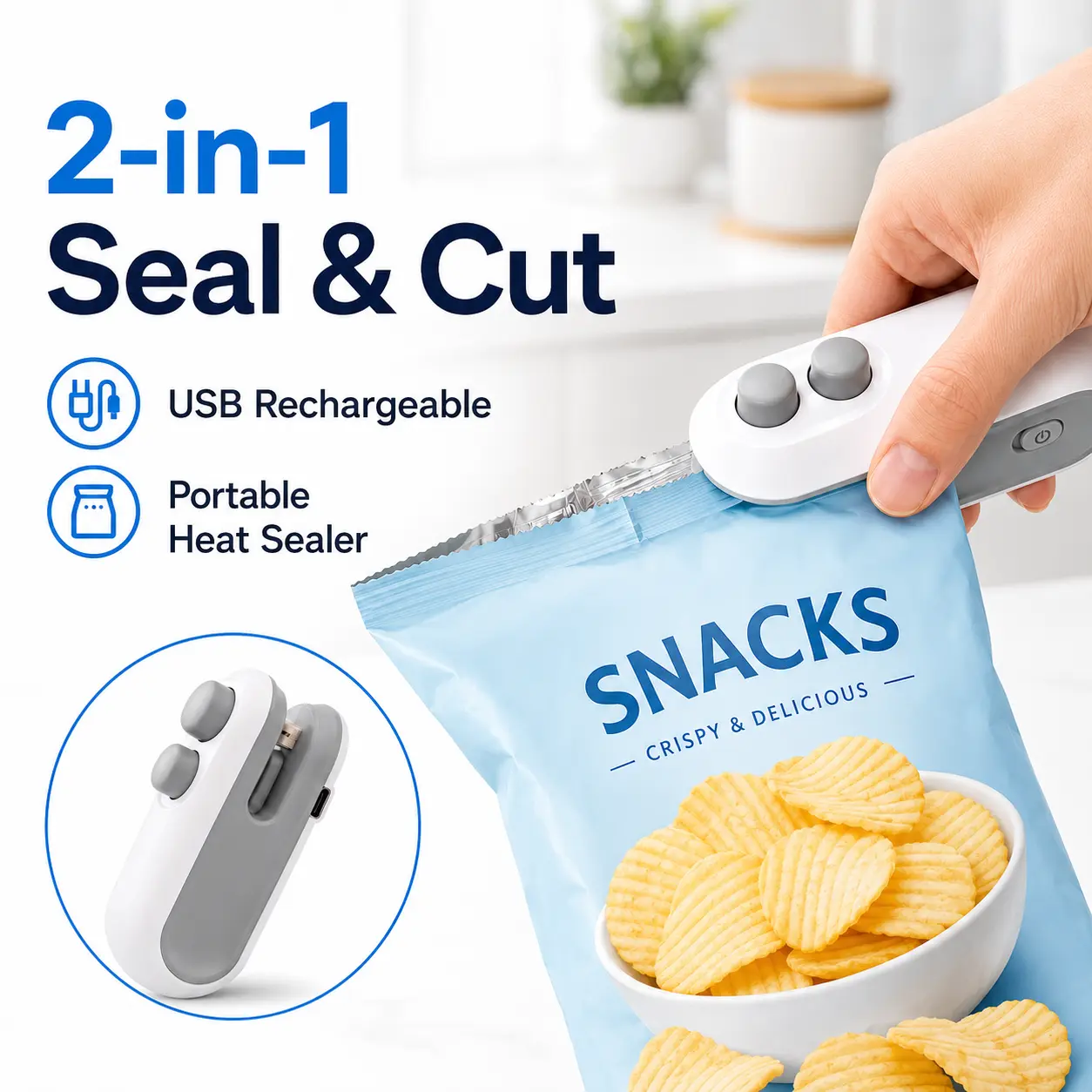 MIUVA Compact Handheld 2-in-1 Design Heat Sealer with Cutter, USB Rechargeable Slide Vacuum Sealer for Kitchen, Camping, Hiking, Office Food Storage (Easy Slide Operation)