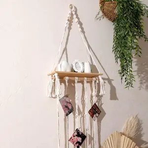 Bohemian Macrame Wall Hanging Shelf, Rustic Polyester Woven Organizer for Boho Home Decor, Home Decor Accessory, Wall Mounted Shelf with Tassels and Clips for Bedroom, Living Room, Nursery, Hangable, Wall Hanging Design, Wall Mounting Decor