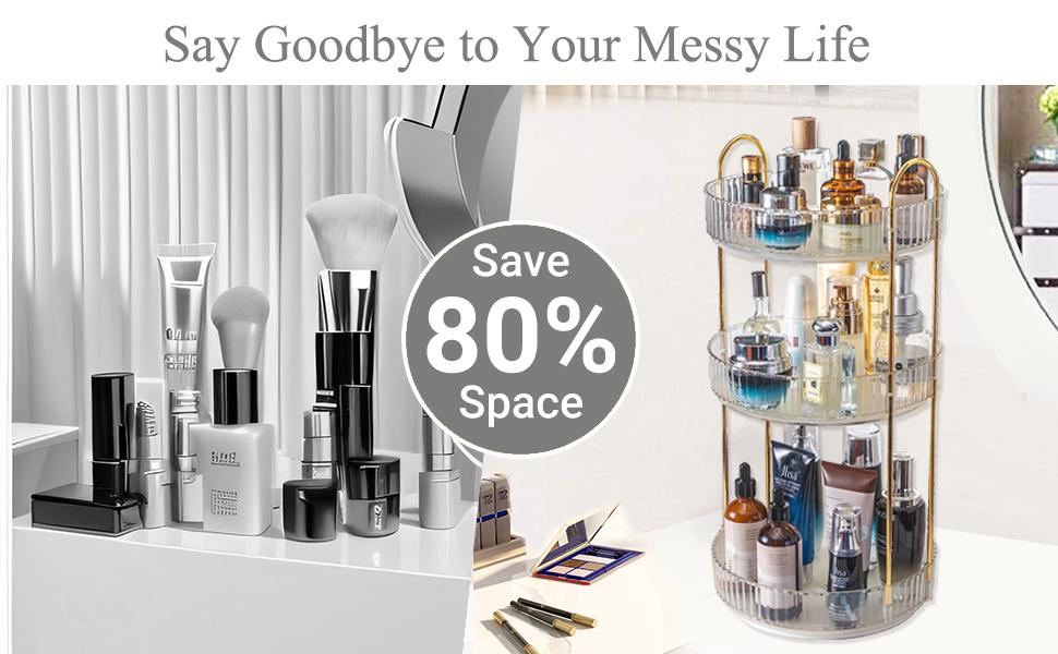 360° rotating storage rack for storing cosmetics, kitchen items, and office desk stationery; includes 12 lipstick holders; available in green, transparent, and gold, three tiers. 360° rotating storage rack for storing cosmetics, kitchen items, and office desk stationery; includes 12 lipstick holders; available in green, transparent, and gold, three tiers.