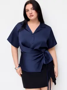 Cider Satin Collar Tie Front Knotted Blouse Curve & Plus