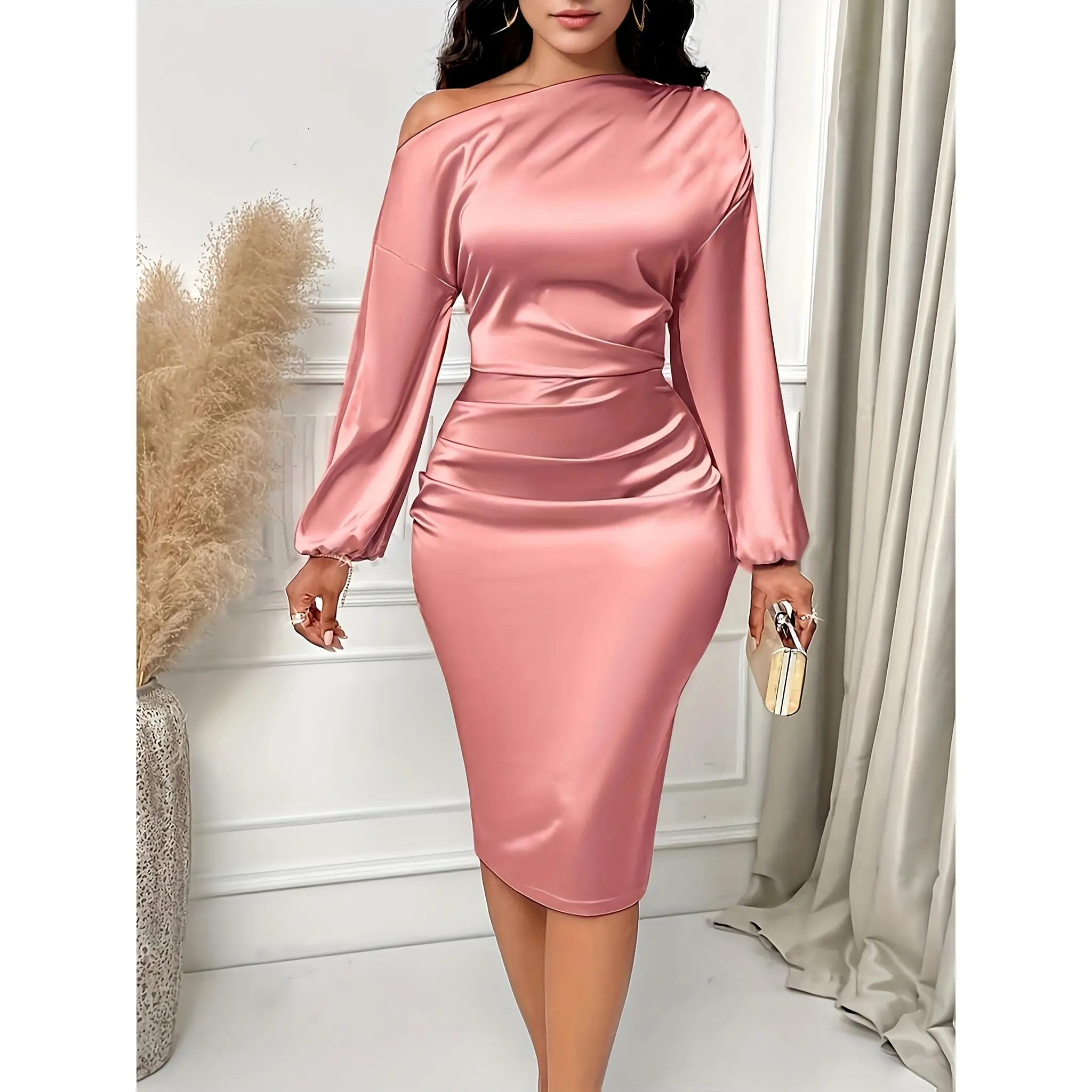 Elegant Off-Shoulder Long Sleeve Ruched Dress - Polyester Spandex Blend,  Solid Color, hine Washable for Spring/Autumn, European And Style, Waistline  - TikTok Shop