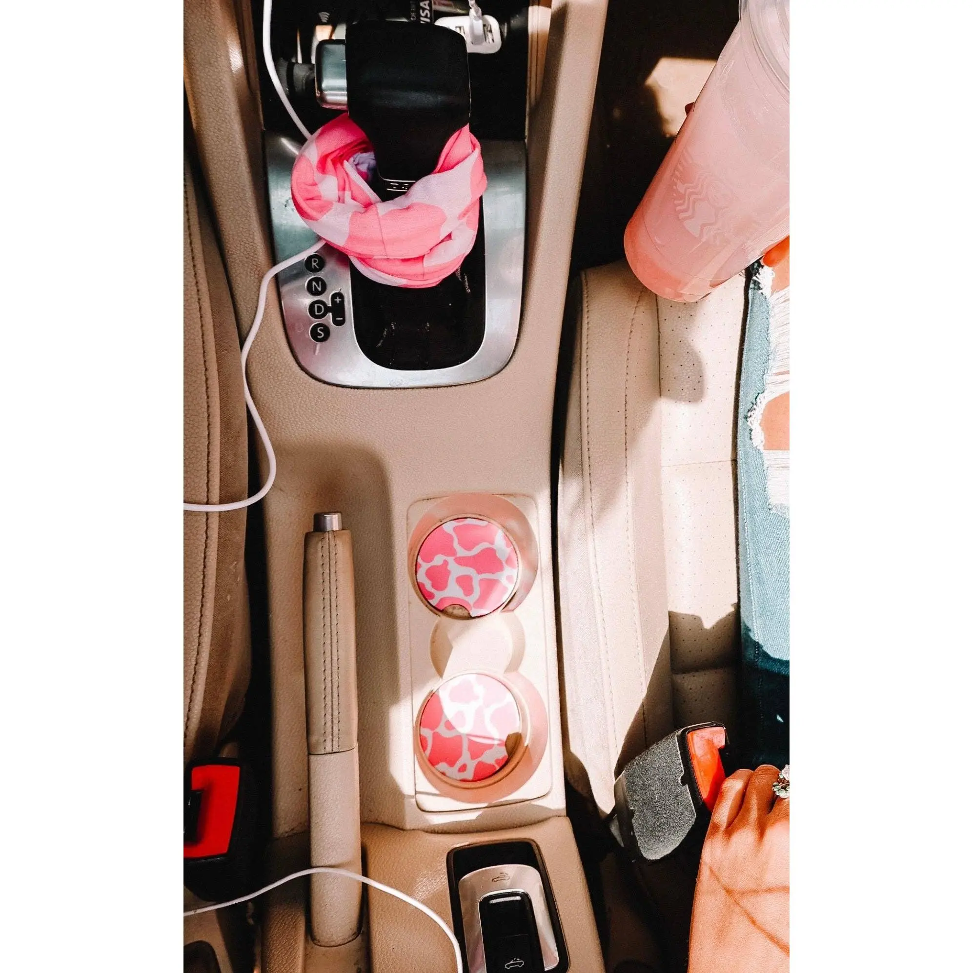 Women's Pink Cow Print Car Coasters 2-Pack, Cute Absorbent Neoprene Cup Holder Liners, Sublimated Auto Accessory, Matching Koozies Set, All Seasons Use