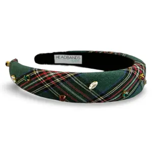 Classic Padded Headband - Green Plaid Gems