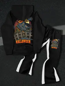 Halloween Print Hoodie Set, Monster Hooded Sweatshirt with Symmetrical Striped Wide Leg Pants, Party Theme