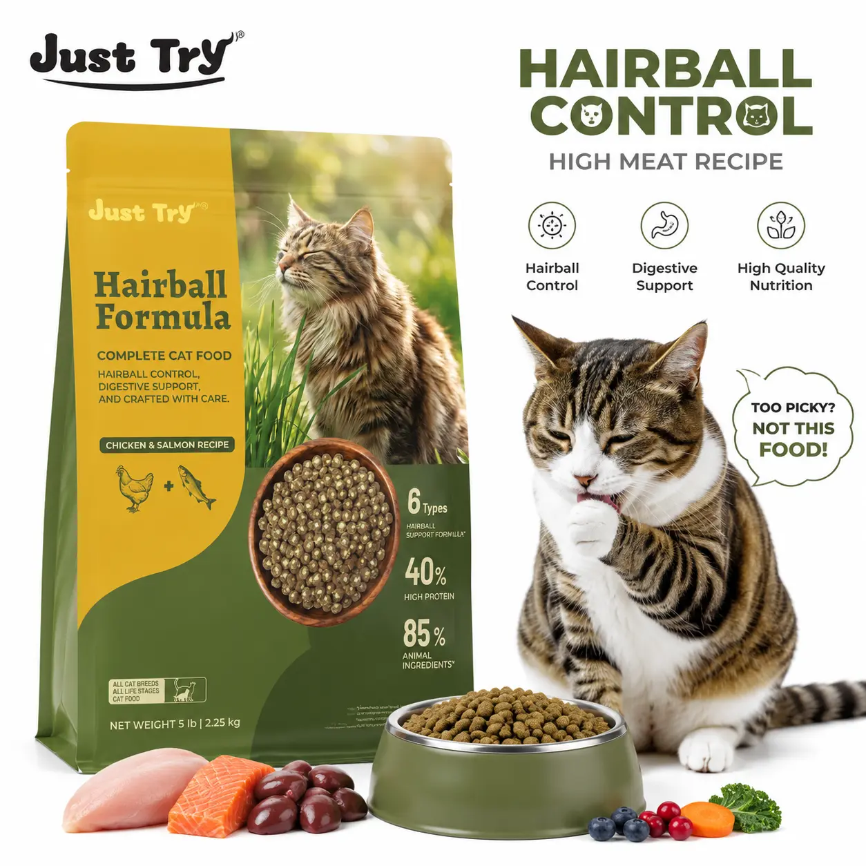 Just Try Hairball Relief Cat Food with Cat Grass, Pumpkin & Taurine, 5 lb | Contains 40% Protein, Rich in Salmon & Chicken, With Psyllium Husk & Cranberry. For Hairball & Digestive Support, Grain Free.