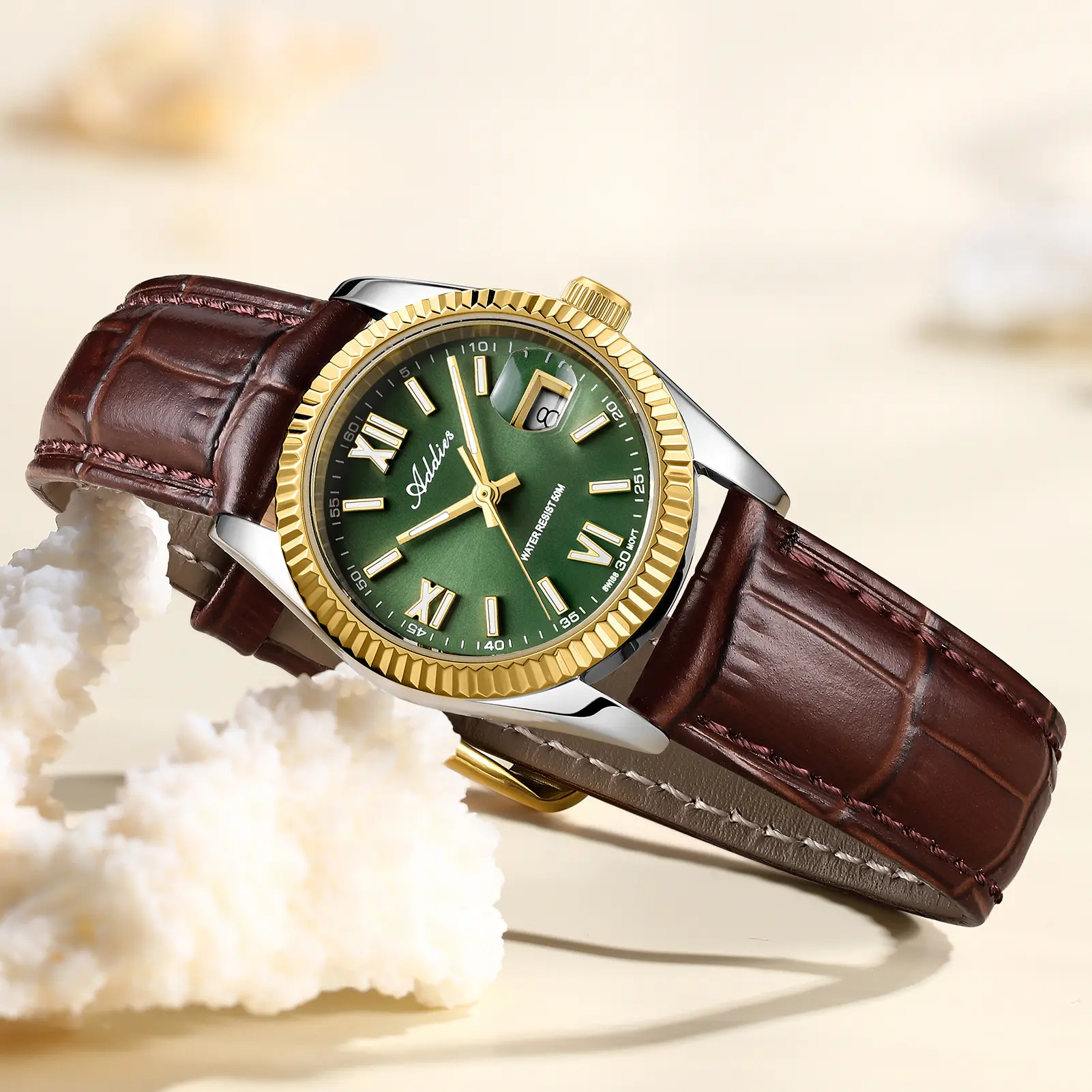 ADDIES Luxury Women's Leather Watch, Swiss Quartz Movement, Sapphire Crystal Glass, BGW9 Luminous Dial, 316L Stainless Steel Case, Elegant Ladies Wristwatch
