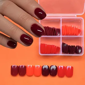 4Packs (96 Pcs) Glossy Short Square Press On Nails, Glossy false nails, Mixed Red Collection Fake Nails Full Cover Solid Color Re-Usable Natural Nails Set - Pre-Made Nail Art for Valentine's Day, Parties - Easy Application & Removal, Nail Art Products