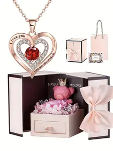 Delicate hearts pendant necklace, Heart design jewelry, with bear & rose gift box, engraved "I love you to the moon and back", pendant for women, perfect gift for Mother's Day, Christmas, Valentine's Day, anniversaries