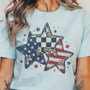 4th of July Shirt Women, Patriotic Graphic Tee, Leopard Print Star Shirt, Checkerboard American Flag Tee, Western Boho Independence Day Top
