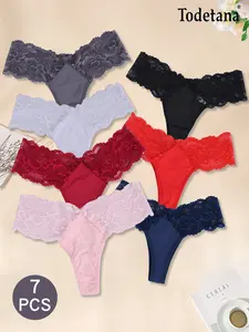 7pcs Sexy Lace Panties for Women， Elegant，Skin-Friendly, Semi-Transparent with Stylish Prints. Available in Multiple Colors. Uniquely Tailored, Versatile, Various Sizes, Fit Waist Curves, Perfect Romantic Surprise. Bowknot Detail. knickers cloth Elegant