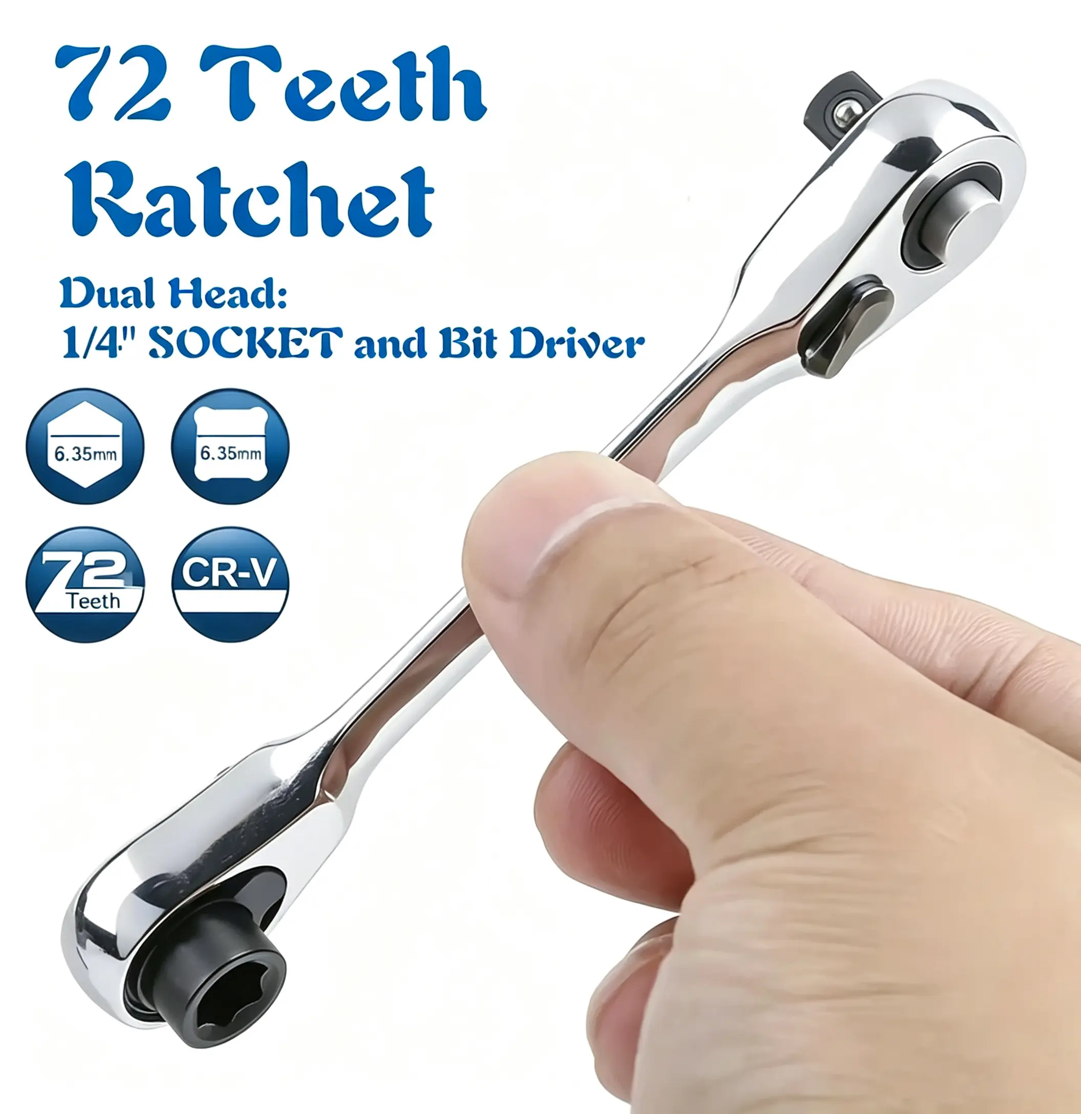Stubby 1/4-in Double-Head Drive Socket Wrench - 72-Teeth Precision Gear, 5° Swing Control, 4.1 inches Tight Reach, Quick-Change Ratchet End, Slip-Resistant Chrome-V Steel, 1/4" Hex+Square, Multifunctional Socket Wrench for Car Maintenance, Home DIY Repair