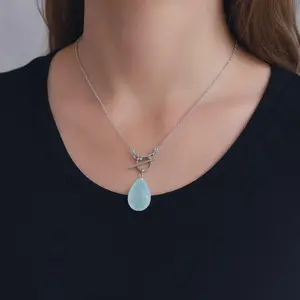 Large Aqua Blue Chalcedony Necklace • 925 Sterling Silver Toggle Clasp • Soft Blue Gemstone Jewelry