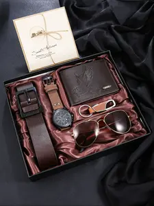 6pcs Men's Watch Set with Men Accessories, Sunglasses, Belt, Wallet, Keychain, Greeting Card, Perfect Gift for Father's Day, Teacher's Day, Christmas, Valentine's Day