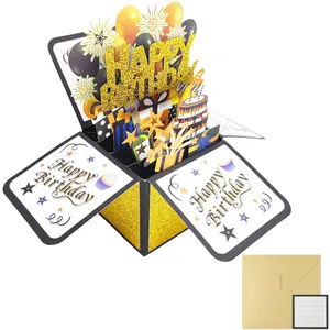 Happy Birthday Pop-Up Card, 3D Pop-Up Greeting Card for Women Men, Funny Birthday Gift for Girls Boys, Birthday Card for Him Her, Unique Gift Ideas for Family and Friends (Birthday card-Gold)