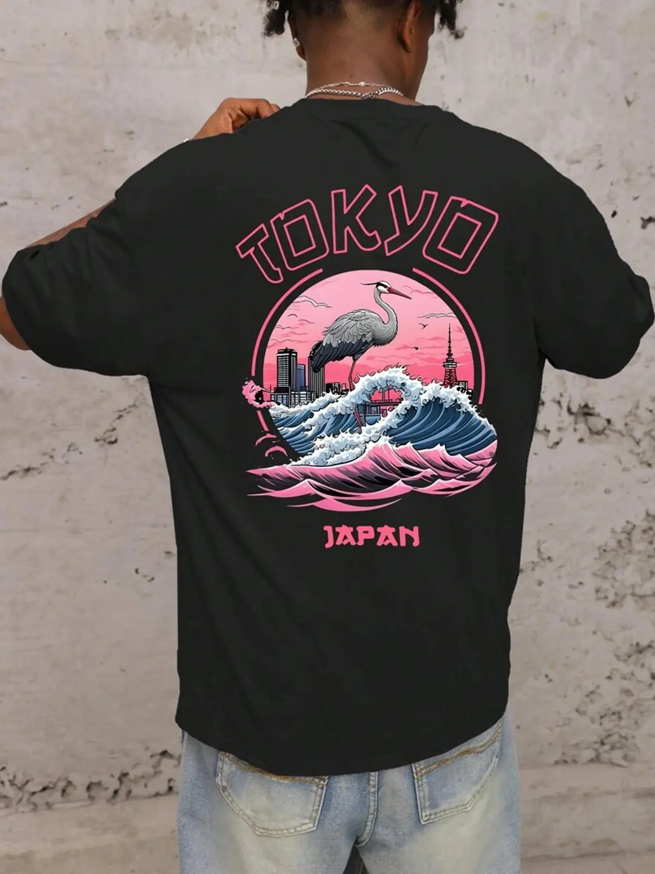 Men's Tokyo City & Bird Print Round Neck Tee, Loose Casual Short Sleeve T-shirt for Daily Wear, Men's Top for Summer, Tropical, Casual Summer Clothing